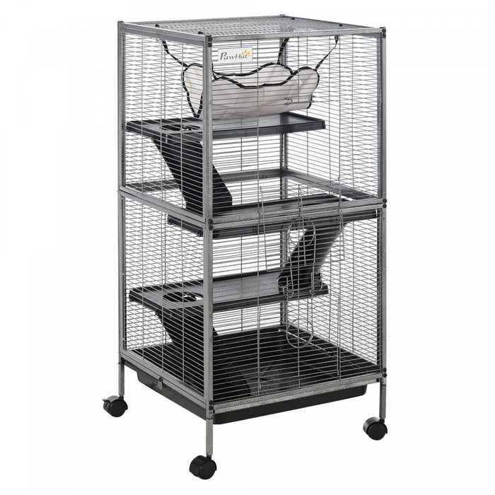 Pawhut 4-tier Rolling Small Animal Cage Pet Mink Chinchilla Small Cat Hutch Pet Play House With Hammock Platform, Ramp,removable Tray For Pet Mink, Chinchilla, Small Cat