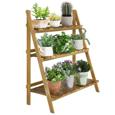 Outsunny Outdoor Plant Stand, Foldable 3-Tier Wooden Plant Shelf