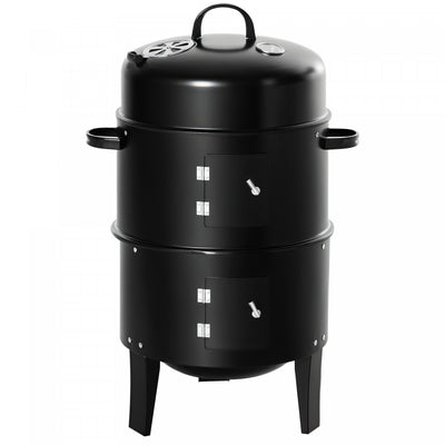 Outsunny Vertical Charcoal BBQ Smoker, 3-in-1 16" Round Barbecue Grill with 2 Cooking Area and Thermometer for Outdoor Camping Picnic Cooking, Black