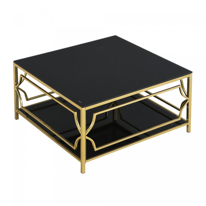 Gleam 33.5 Inch Square Tempered Glass Coffee Table with Geometric Gold Frame and Lower Shelf, Black