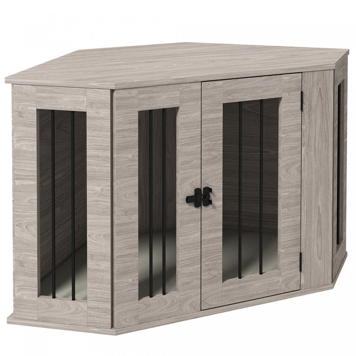 Pawhut 41\" Dog Crate Furniture, Corner Dog Crate End Table For Medium And Small Dogs, Indoor Dog Cage With Cushion, Door, Lock, Walnut Brown