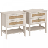 HOMCOM Rattan Nightstands Set of 2 Bedside Tables with 2 Drawers White Oak