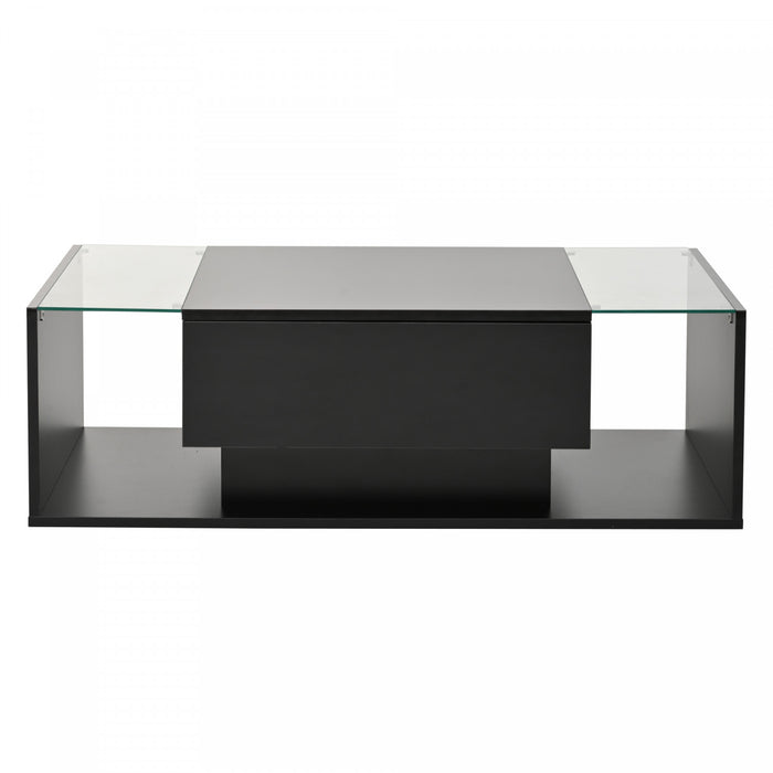 Gleam 39.3 Inch High-Gloss Coffee Table with LED Lights, Drawer and Glass Side Panels, Black