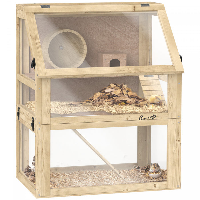 PawHut Wooden Hamster Cage, 3 Tier Gerbil Cage with Detachable 12.6\" Deep Bottom, Hut, Seesaw, Exercise Wheel, Ramps, Small Animal Habitat for Dwarf, Rat, 24\" x 16\" x 29.5\"