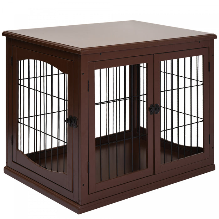 Pawhut 32\" Wooden Dog Crate Furniture Dog Cage, Modern Side Table Pet Kennel With Double Lockable Door, 32\" L X 23\" W X 26\" H, Brown