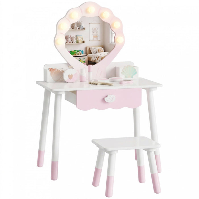 Qaba Kids Vanity Set, Makeup Vanity Table with Lights, Mirror, Stool, 7Pcs Accessories, Pretend Makeup Play Set for Girls 3-8 Years, Pink