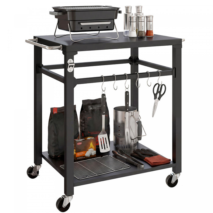 Outsunny Outdoor Grill Cart, Pizza Oven Stand with Steel Top, 2-Tier Rolling Kitchen Prep Station with Hooks, Handle, Lockable Wheels for Patio Garden, Black