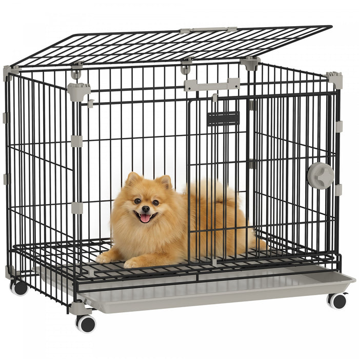 PawHut Dog Crate, 24 Inch Metal Dog Cage with Removable Tray, Lockable Wheels, 2 Doors for Small Breeds, Black