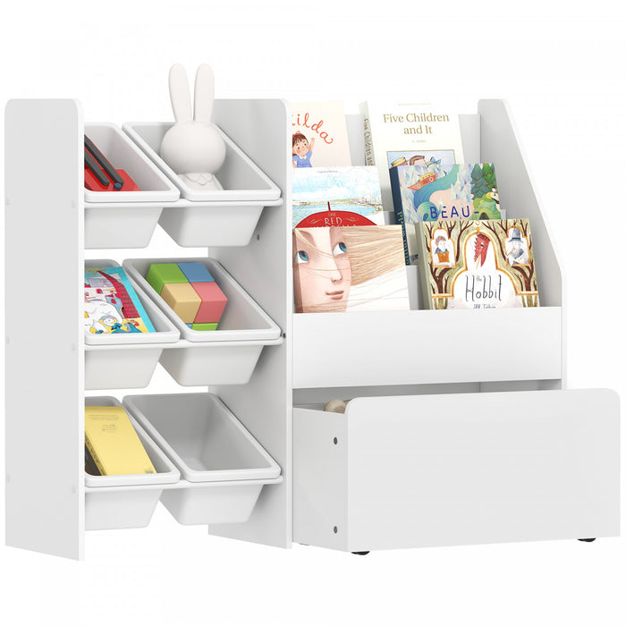 Qaba Kids Bookshelf and Toy Storage, 3-Tier Bookcase with 6 Removable Bins and Large Rolling Box, Montessori Toy Organizer for Toddler Nursery Playroom Bedroom, White