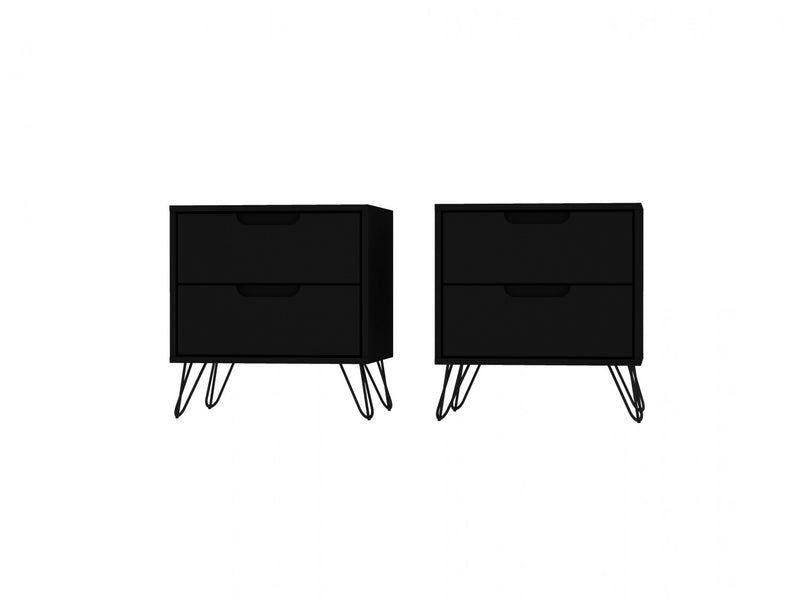 Rockefeller Mid-Century Modern 20\" Nightstand in Black (2-Drawer) - Set of 2