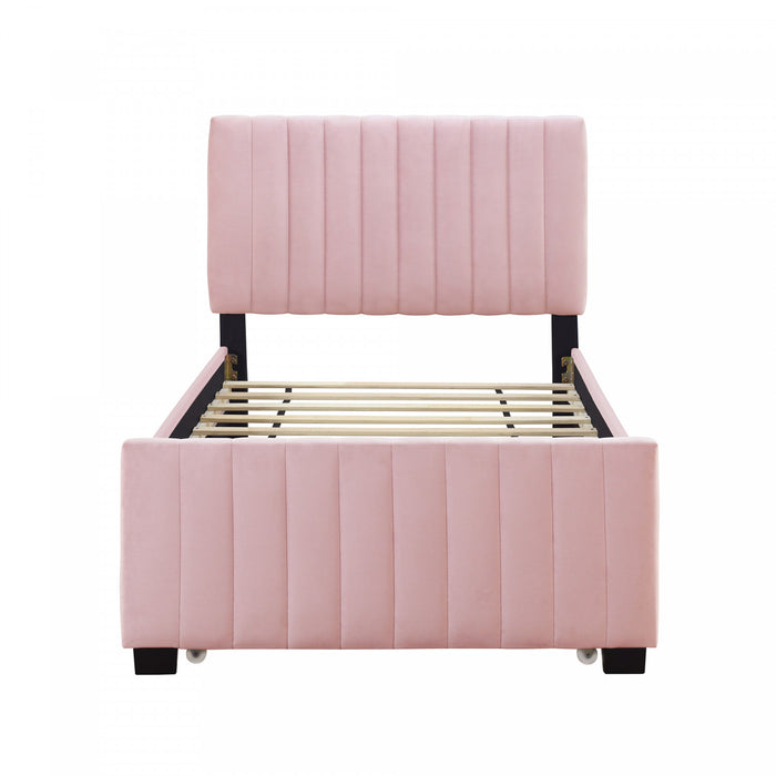 Ethan Space-Saving Velvet Upholstered Platform Bed with Trundle,Twin Size,Pink Twin Bed