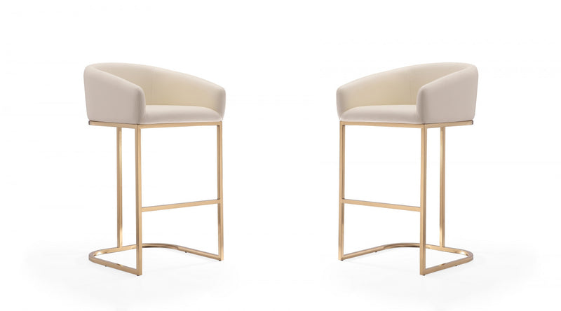Louvre Mid-Century Modern Metal Upholstered Barstool in Cream - Set of 2