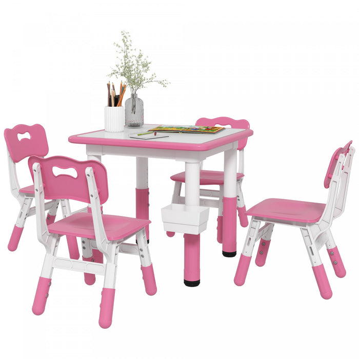 Qaba 5 Pieces Kids Table And Chair Set, Height Adjustable Toddler Table And Chair Set, Activity Table And Chair Set With Storage, For Playroom, Nursery, Classroom, Pink
