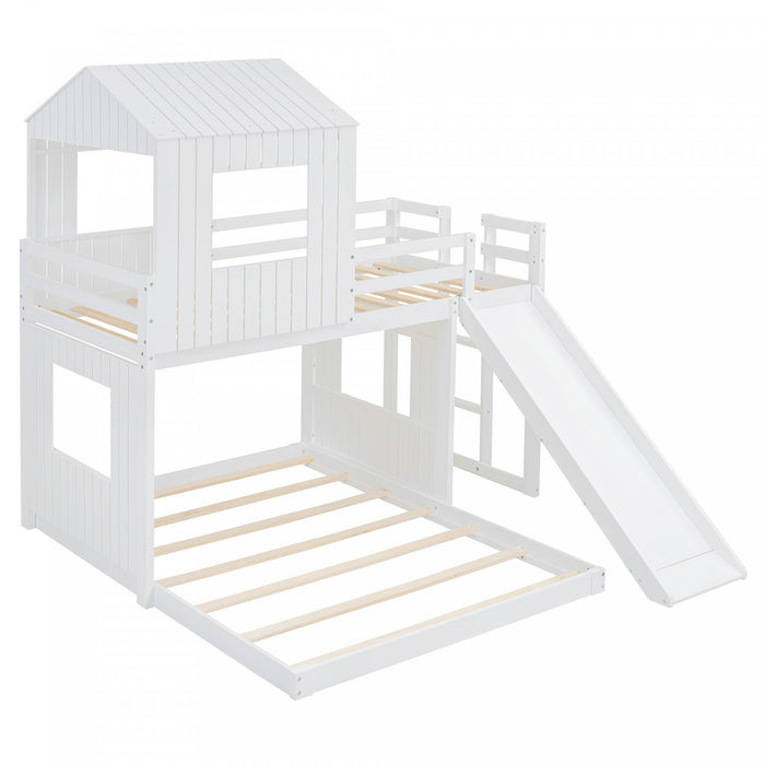 Marico Twin Over Solid Wood Full Bunk Bed With Slide, Playhouse Design, White