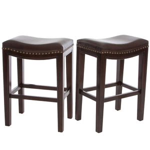 Tiffin Counter Stools Set Of 2, Saddle Seat With Studded Trim, Vegan Leather - Brown