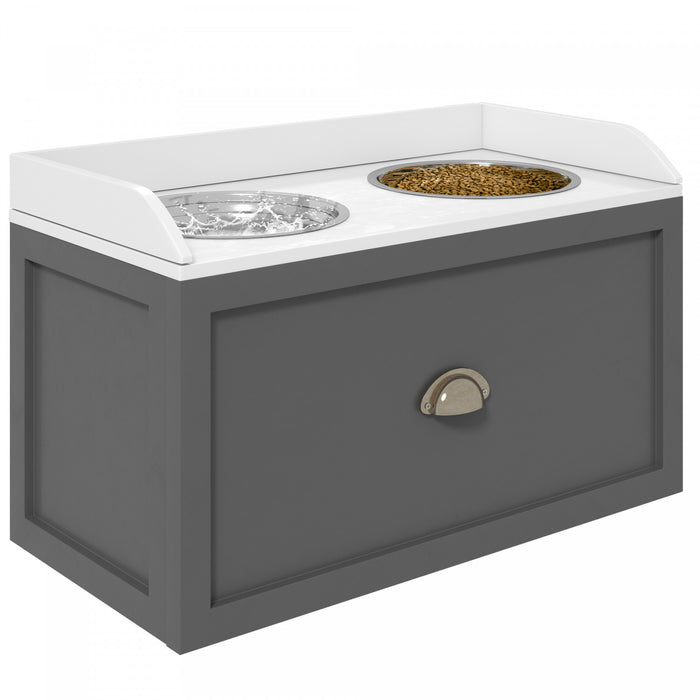 Pawhut Elevated Dog Bowls For Large Dogs, Raised Pet Feeding Station With 2 Stainless Steel Bowls, Hidden Storage Drawer, Wood Stand For Cats, Grey