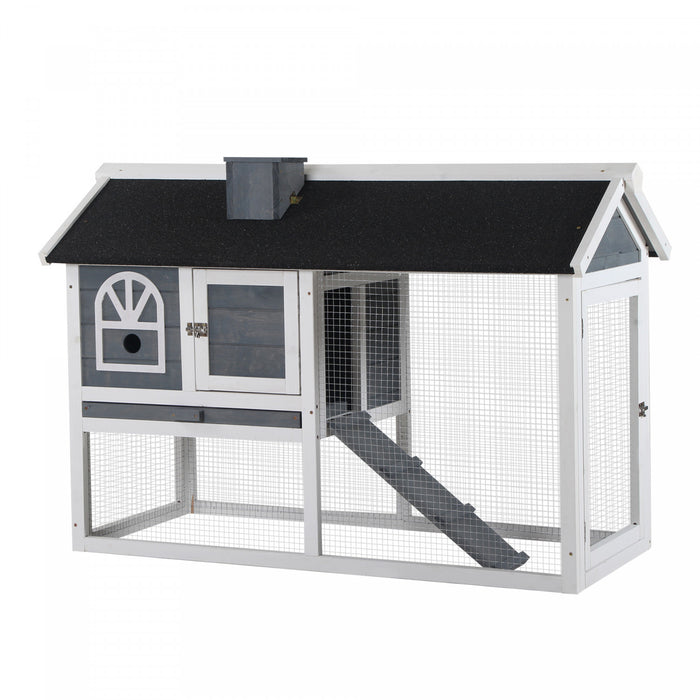Pawhut Rabbit Hutch, Wooden Guinea Pig Cage Outdoor With Run, Removable Tray, Ramp, Asphalt Roof, Grey
