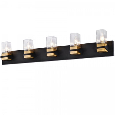Dainolite Veronica 5 Light Vanity Light Matte Black/Aged Brass Clear Glass Lamp|Lumière de coiffeuse Veronica de Dainolite en verre transparent, avec fini noir mat et laiton vieilli et 5 ampoules