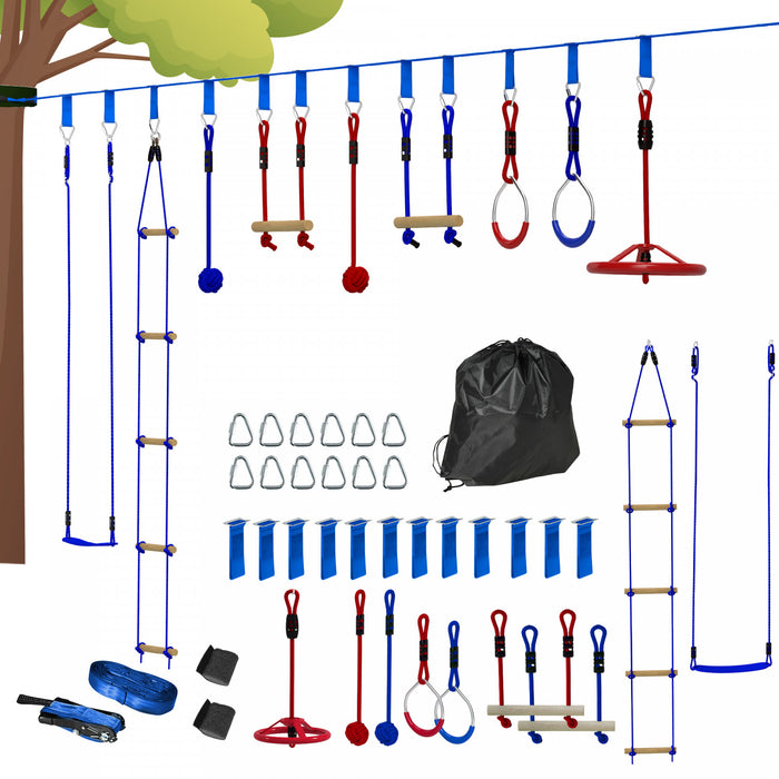 Qaba 32.8ft Ninja Zipline, Slackline Warrior Obstacle Course for Kids with Monkey Bars, Swing, Climbing Ladder, Gym Rings, Gripping Balls, Hanging Tray, for Backyard Outdoor Garden
