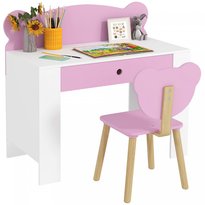 Qaba Kids Desk And Chair Set, Study Table And Chair With Storage Drawer For Drawing, Reading, Writing, Bear Theme Children Activity Table Set For Bedroom, Daycare, Playroom (pink)