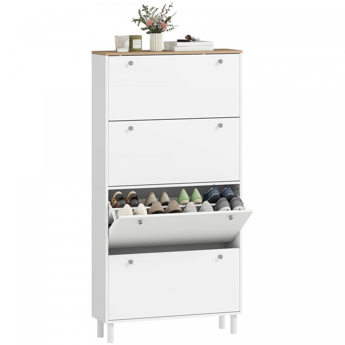 HOMCOM Shoe Cabinet with 4 Flip Drawers, Narrow Shoe Storage Cabinet, White