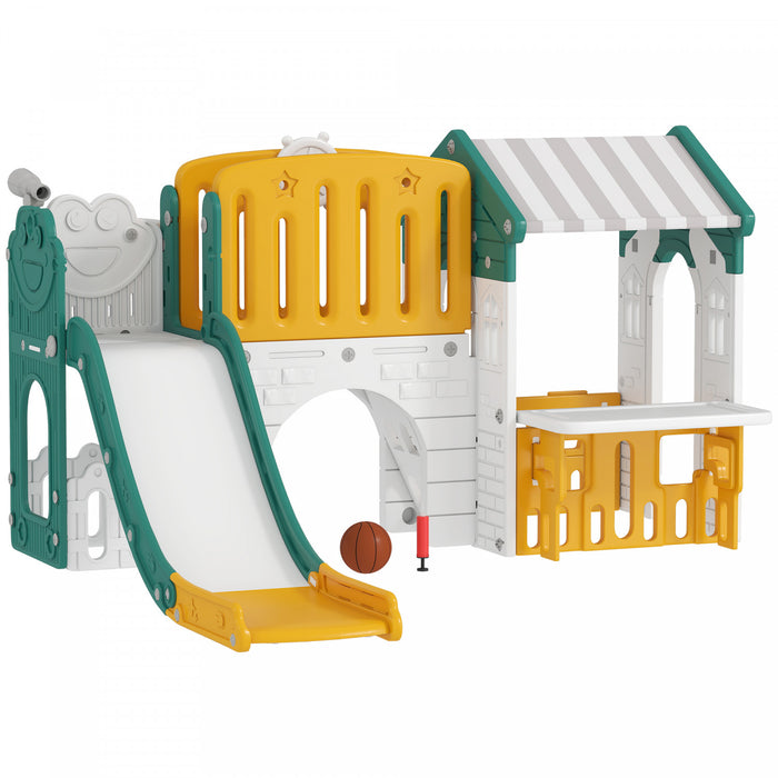 Qaba 7-in-1 Toddler Slide with Playhouse, Kids Slide Climber Playset with Basketball Hoop and Tunnel for Age 1-4 Years Indoor Play, Yellow
