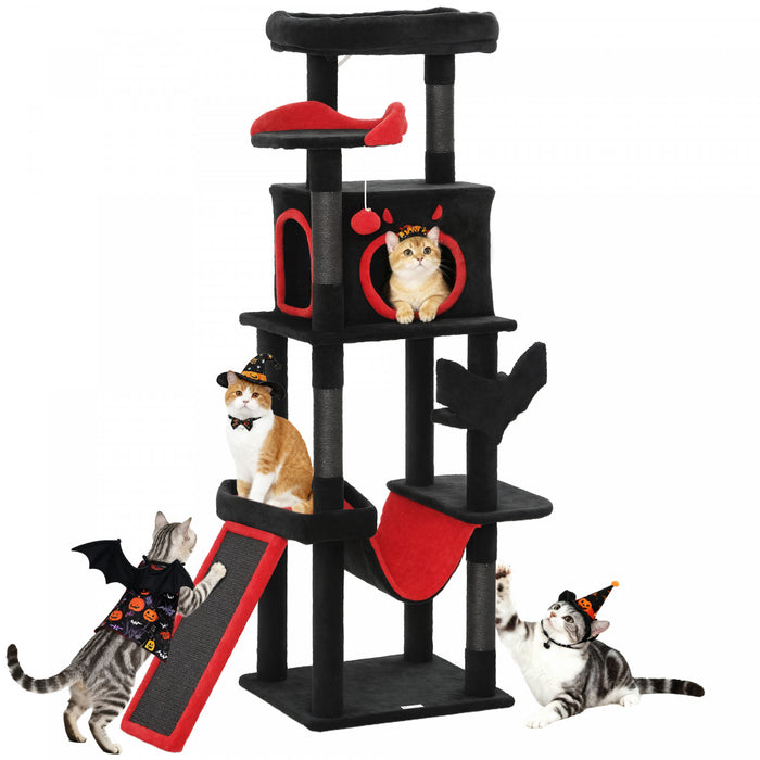 PawHut Gothic Cat Tree, 60\" Multi-Level Cat Tower for Indoor Kittens Large Adult with Coffin Bed, Sisal Scratching Posts & Ramp, Condo, Hammock, Perches, Dangling Toys, Black