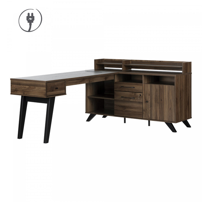 Helsy L-Shaped Desk with Power Bar and Removable Hutch Natural Walnut - South Shore