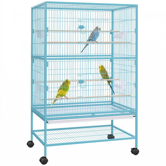 PawHut 52\" Large Steel Bird Cage for Parrot Budgie Cockatiels African Grey Parakeets Pigeons with Rolling Stand, Storage Shelf, Wood Perch, Food Container, Light Blue