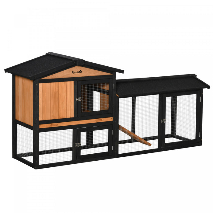 Pawhut 69\" Wooden Rabbit Hutch, Bunny Cage With Run Box, Slide-out Tray, Ramp, Waterproof Roof For Rabbits, Guinea Pig Cage And Small Animals, For Indoor Outdoor, Black