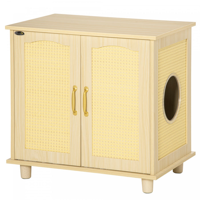 Pawhut Cat Litter Box Enclosure With Soft Cushion, Indoor Cat Washroom Storage Bench End Table With Pe Rattan Trim, Magnetic Doors, Easy Assembly, Oak