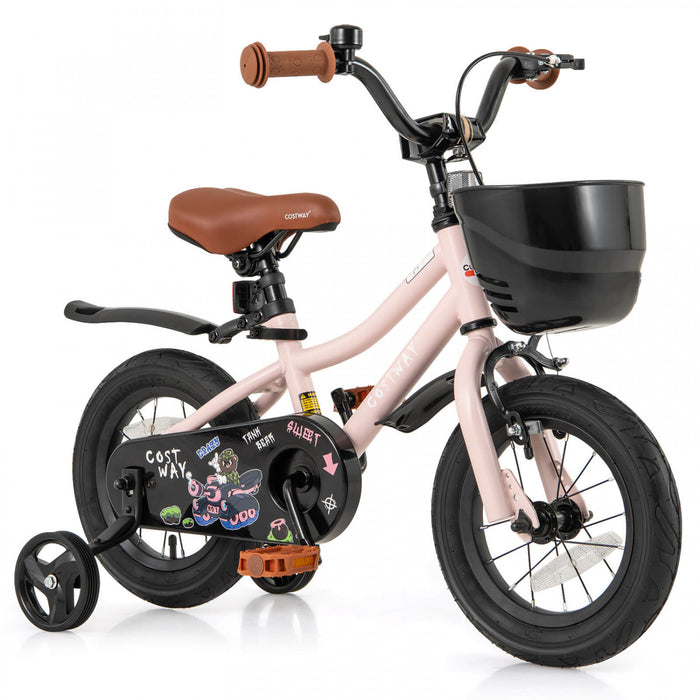 Costway 12\" Kid's Bike With Training Wheels Adjustable Handlebar & Seat Handbrake Pink
