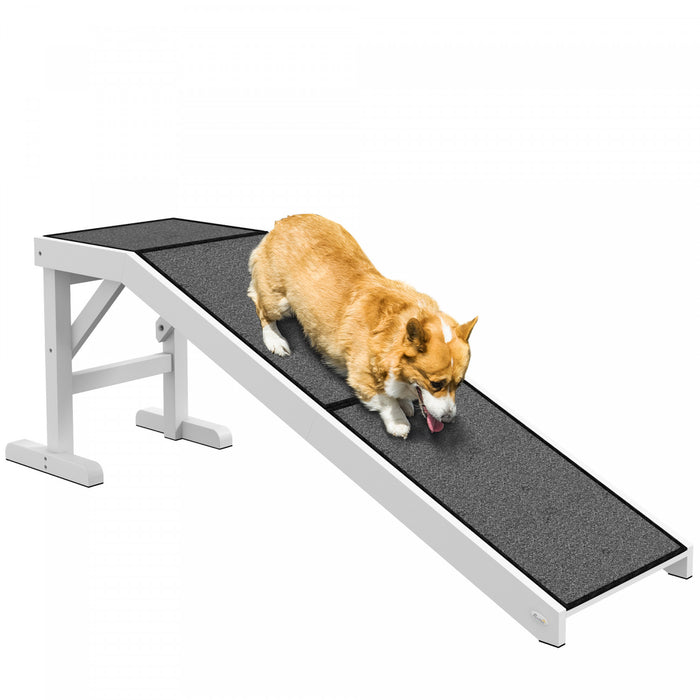 Pawhut Pet Ramp Bed Steps For Dogs Cats Non-slip Carpet Top Platform Pine Wood 59\"l X 16\"w X 20\"h White Grey