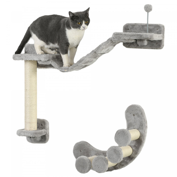 Pawhut Cat Wall Shelf With Scratching Post, Cat Wall Shelves For Relaxing, Climbing, Double Platforms Cat Wall With Soft Ladder And Play Balls, Grey