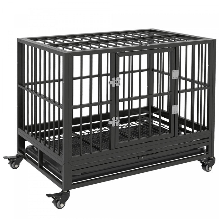 Pawhut Heavy Duty Steel Dog Crate Kennel Pet Cage With Wheels For Portability And A Door For Convenient Access Anti-pinching Floor, 36.2\" L X 24.4\" W X 30.7\" H, Grey
