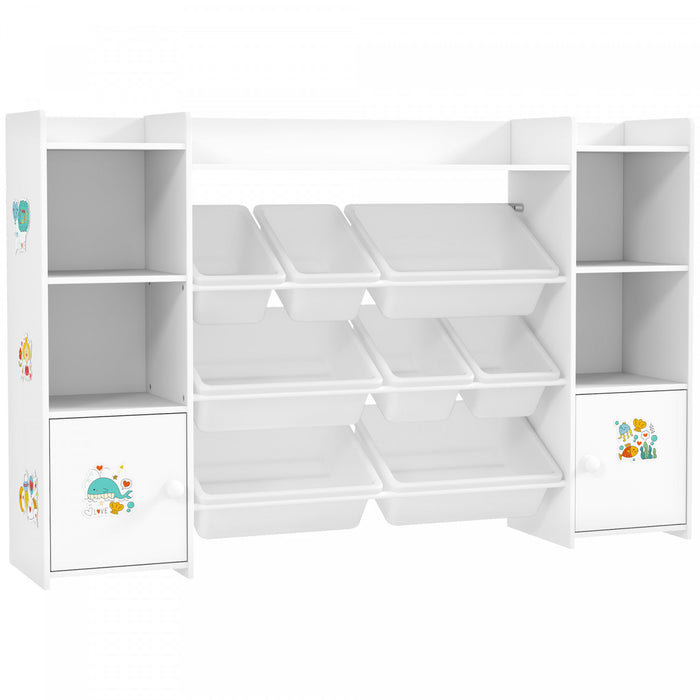 Qaba Kids Bookshelf and Toy Storage Organizer, Children Bookcase with 8 Removable Storage Bins, Shelves, 2 Cabinets for Playroom, Nursery, Kids Room, White