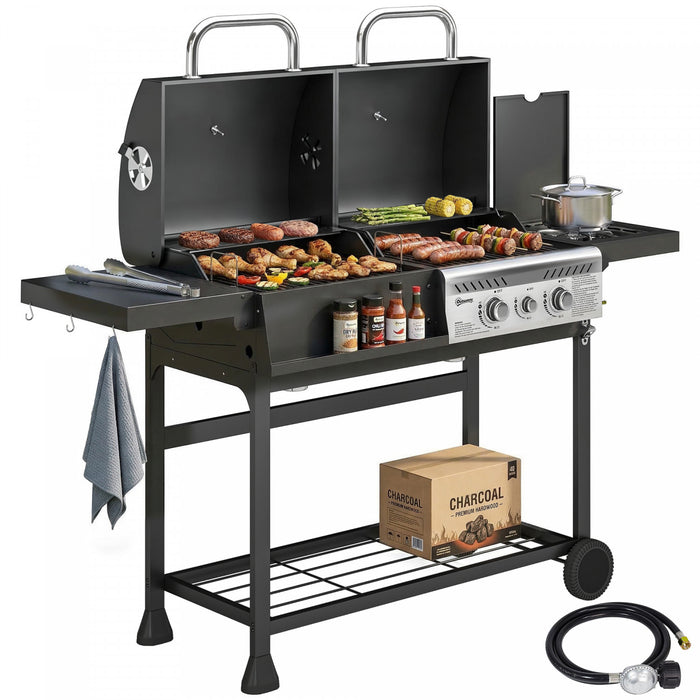 Outsunny Dual Fuel BBQ Grill, Charcoal and 2+1 Gas Burner Barbecue Grill with Wheels, Warming Rack, Shelves, Thermometer, Bottle Opener, Outdoor Barbeque for Backyard Patio, Black