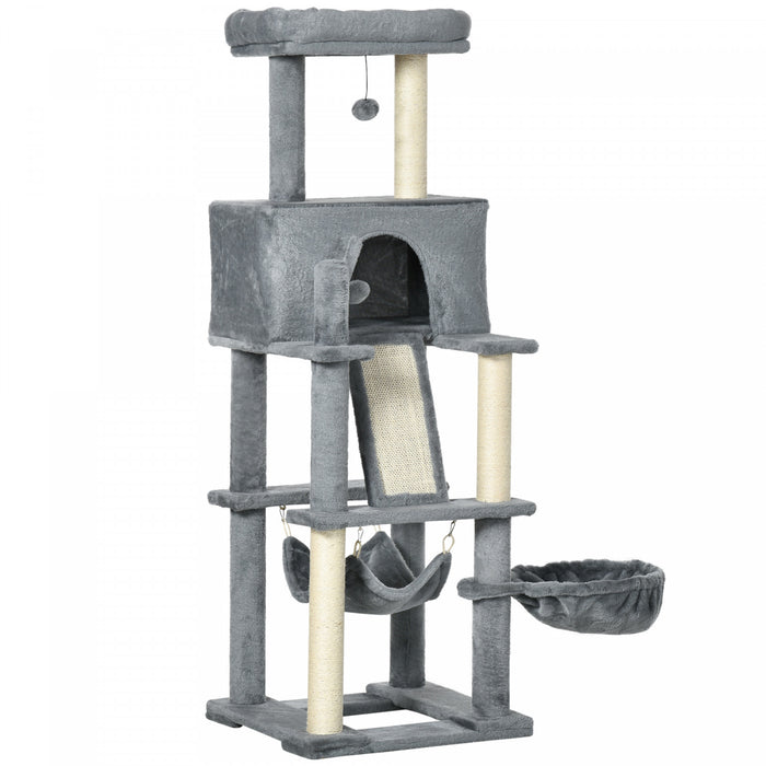 Pawhut 55\" Cat Tree For Indoor Cats, Cat Tower, Kitty Activity Center With Cat Bed Ramp Condo Hammocks Hanging Ball Toys Sisal Rope Scratching Post, Grey