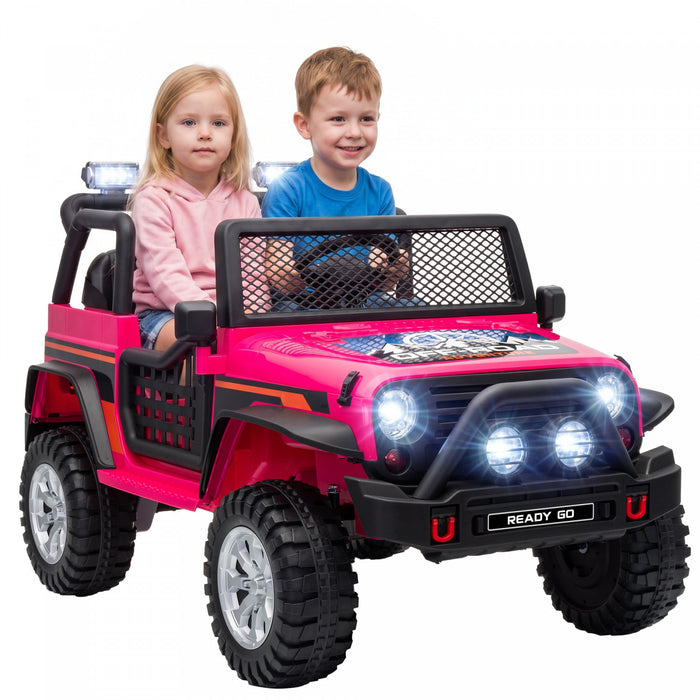 Qaba 2-Seater Ride on Truck Car, 12V Electric Car for Kids with Dual Motors, Remote Control, Soft Start, Four-Wheel Suspension, Max 5MPH, Seat Belt, Lights, Music, USB, Horn, Pink
