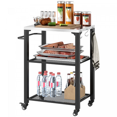 Outsunny 3-Shelf Outdoor Grill Dining Cart with Stainless Steel Tabletop, Pizza Oven Stand with 3 Hooks, Side Handle, BBQ Movable Food Prep Table with 4 Wheels for Backyard Party