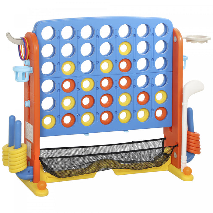 Qaba Jumbo 4-to-Score Giant Game Set, 4 in 1 Indoor Outdoor Connect 4 Family Yard Game Set w/ Basketball, Ring Toss, Golf, 42 Jumbo Rings, Quick-Release Slider, 4-in-A-Row for Kids