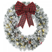 HOMCOM 24 Inch Pre-Lit Christmas Wreath, Flocked Winter Wreath, Green