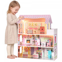 Qaba Wooden Dollhouse with 8 PCS Accessories, 3-Story Doll House with LED Light, 6 Rooms, Kids Pretend Playhouse Toy Gift for Girls 3-6 Years, Pink