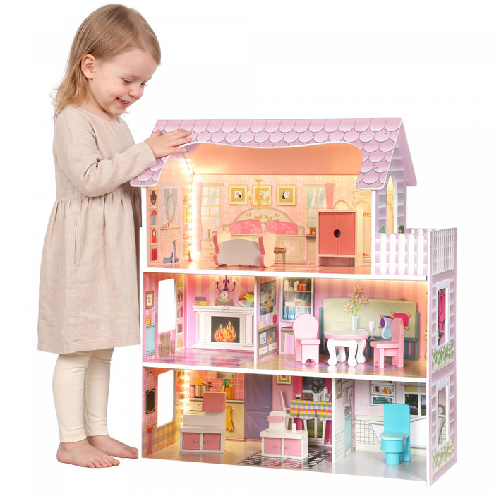 Qaba Wooden Dollhouse with 8 PCS Accessories, 3-Story Doll House with LED Light, 6 Rooms, Kids Pretend Playhouse Toy Gift for Girls 3-6 Years, Pink