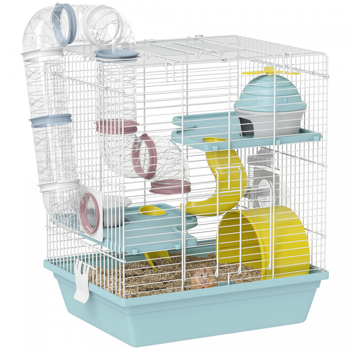 PawHut Hamster Cage, 3-Level Small Animal House with Excerise Wheel, Food Bowl, Water Bottle, House, Tunnels, Ramps, Gerbil Cage for Dwarf Hamster, 14\" x 11\" x 16\", Blue