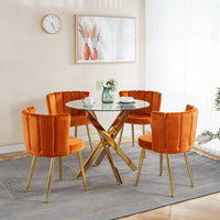 Aiden 5-Piece Dining Set with Glass Table and Velvet Chairs,Orange Dining Room Set 