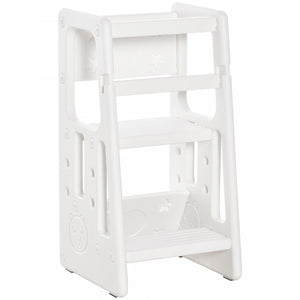 Qaba Toddler Kitchen Helper 2 Step Stool With Adjustable Height Platform And Safety Rail, White