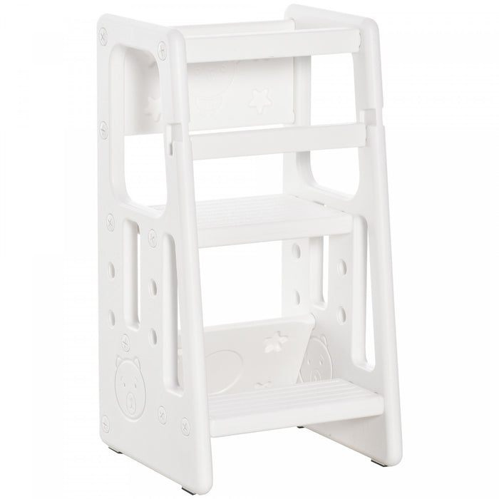 Qaba Toddler Kitchen Helper 2 Step Stool With Adjustable Height Platform And Safety Rail, White