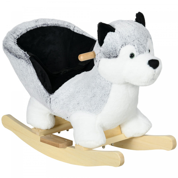 Qaba Kids Rocking Horse, Baby Rocker Chair Husky-shaped Plush Ride On Toy With Realistic Sounds, Wooden Base, Seat Belt, For Children 18-36 Months, Grey