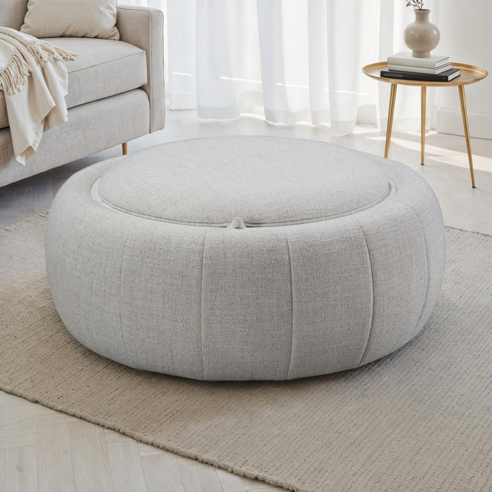Demi Round Upholstered Storage Ottoman with Faux-Marble Tray Top and Hidden Storage - Cream